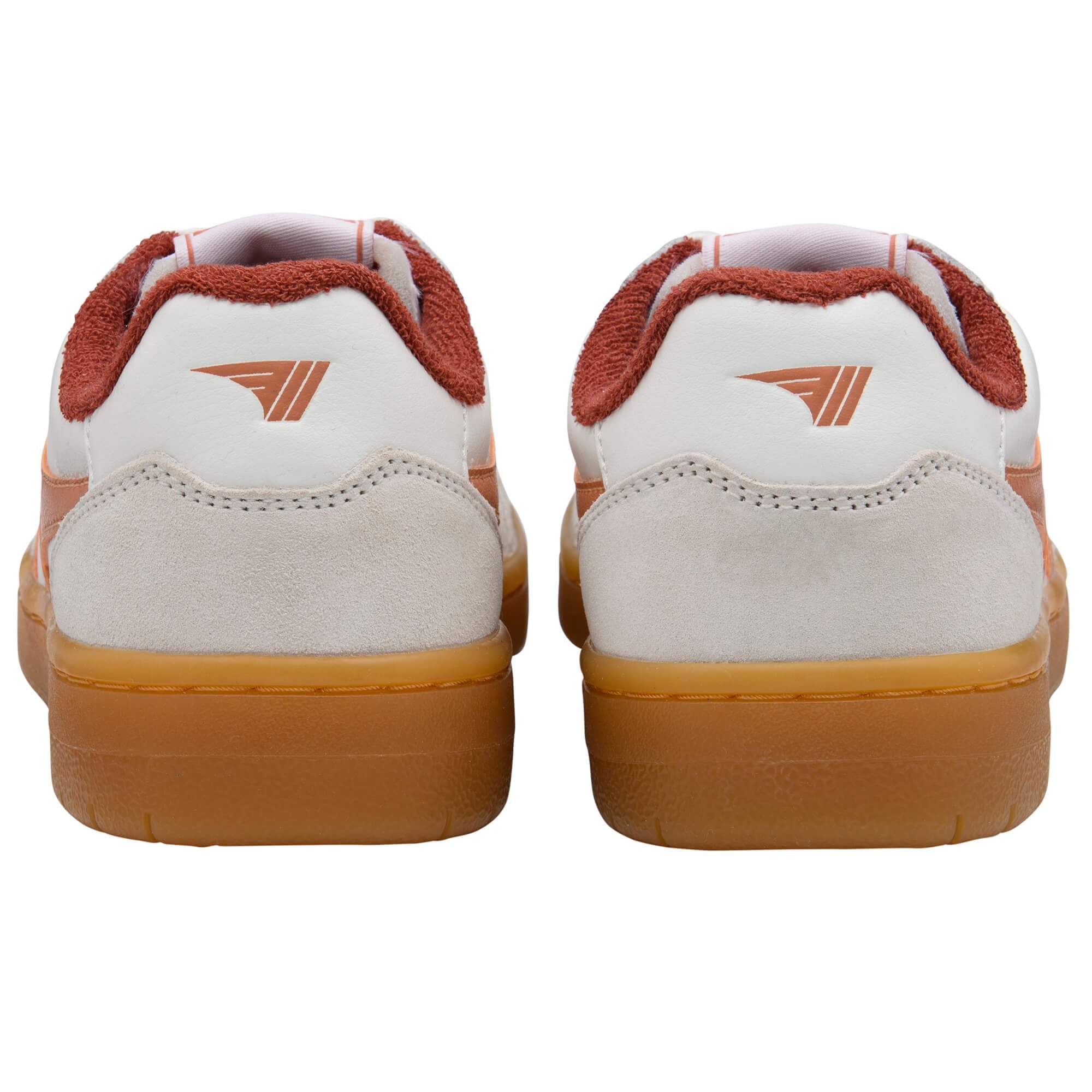 White Gola trainers with gum soles and red accents on a white background