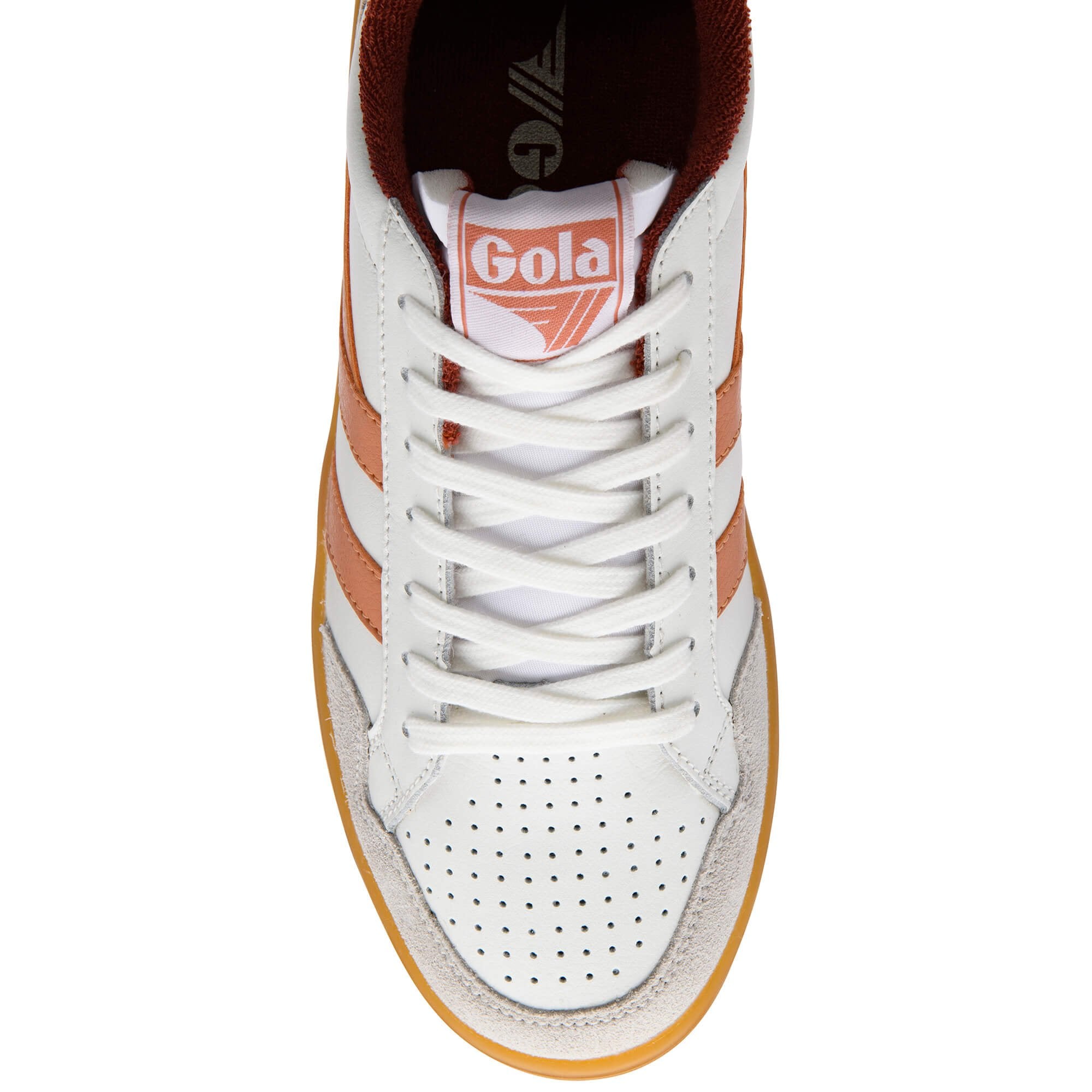 White Gola trainer with orange accents and gum sole on a white background