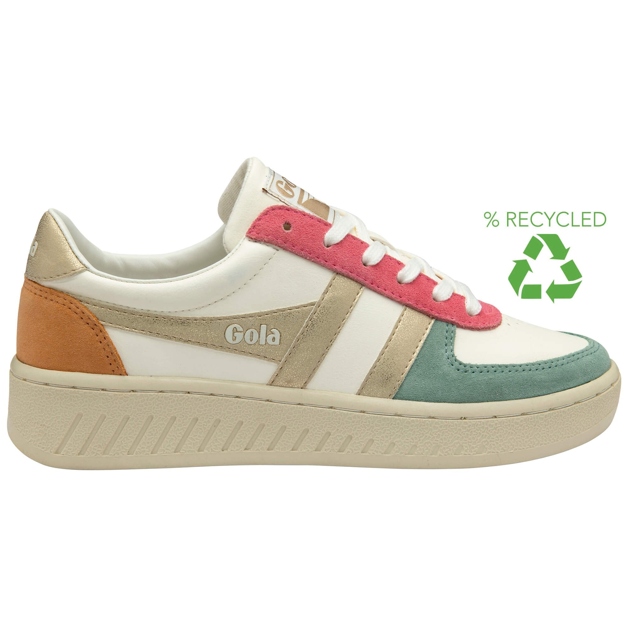 White Gola trainer with orange, pink, blue and gold accents on a white background