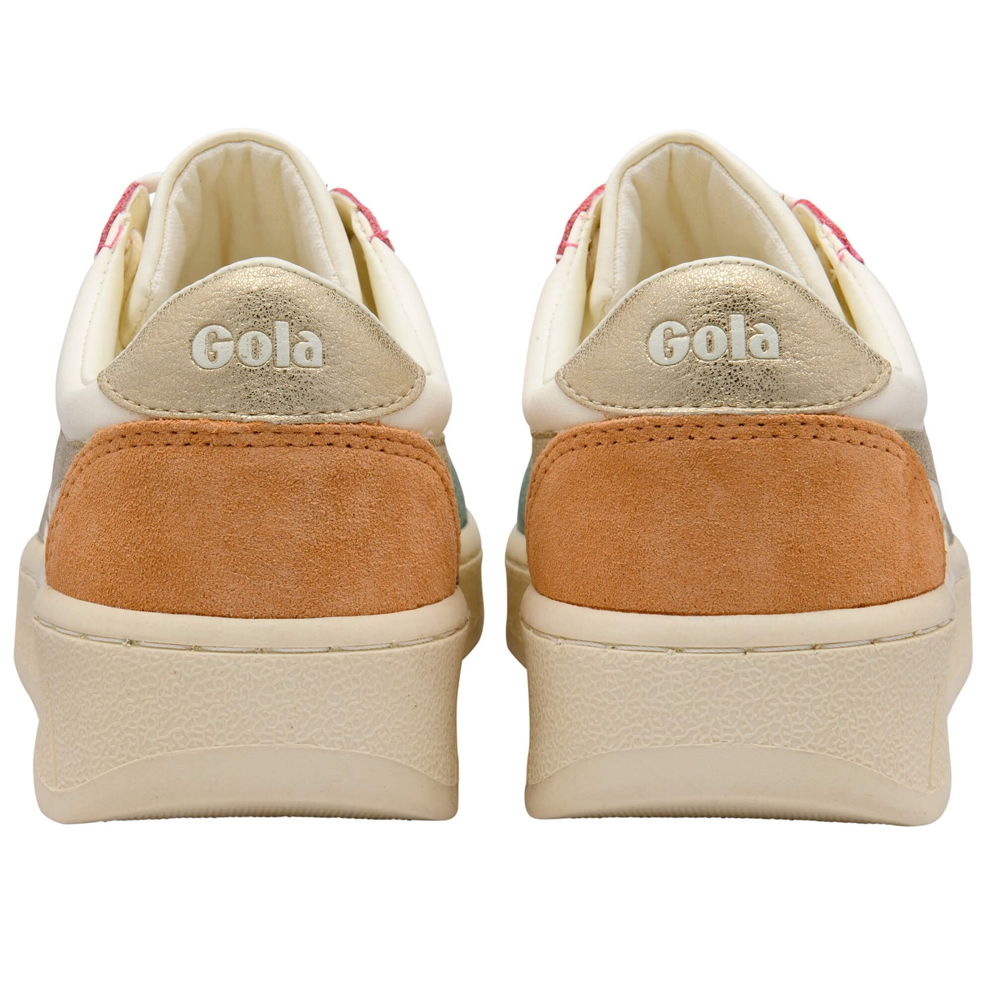 Rear view of two Gola trainers with gold, brown, and white accents on a white background