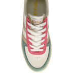 Top down view of a Gola trainer with white laces, pink, green, and beige accents on a white background