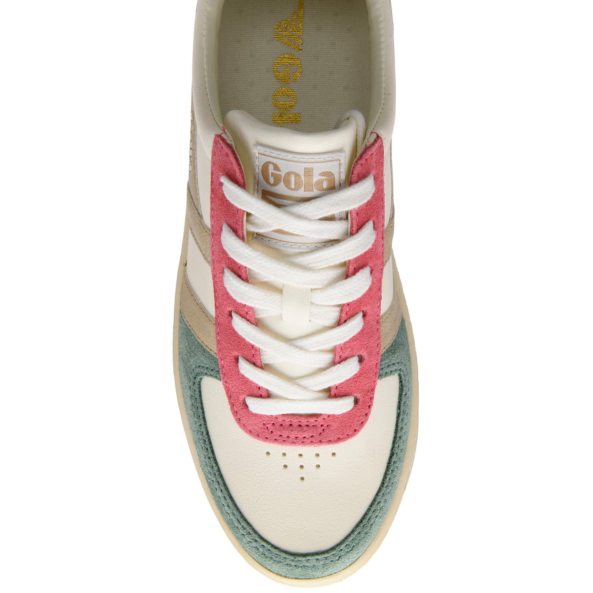 Top down view of a Gola trainer with white laces, pink, green, and beige accents on a white background