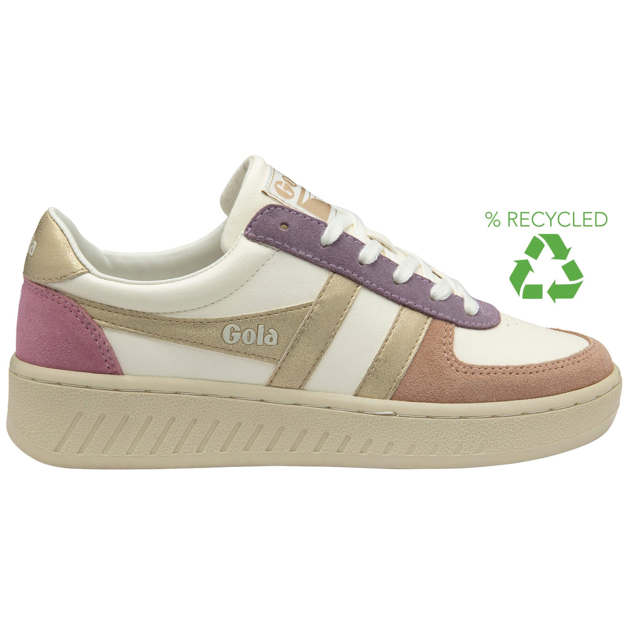 White Gola trainer with purple, beige and gold accents on a white background