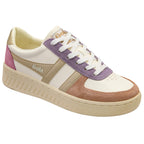 Gola trainers in white with gold, purple, and pink accents on a white background