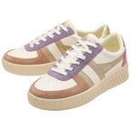 Pair of white Gola trainers with gold, pink and purple accents on a white background