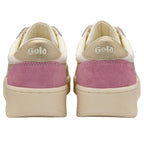 Pair of Gola trainers, rear view, with gold heel tabs and pink suede accents on a white background