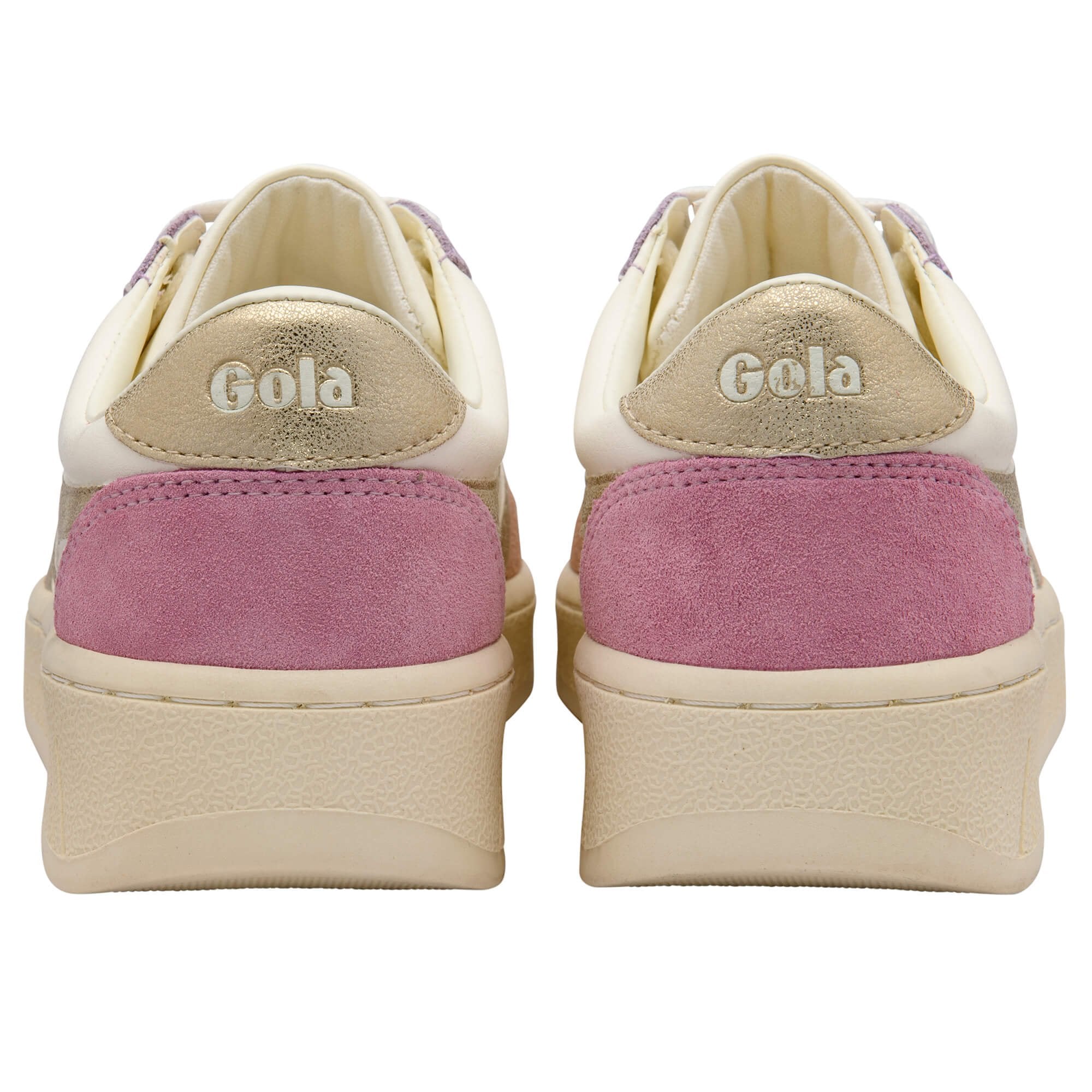 Pair of Gola trainers, rear view, with gold heel tabs and pink suede accents on a white background