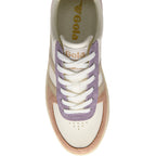 Gold Gola trainer with purple accents and white laces on a white background