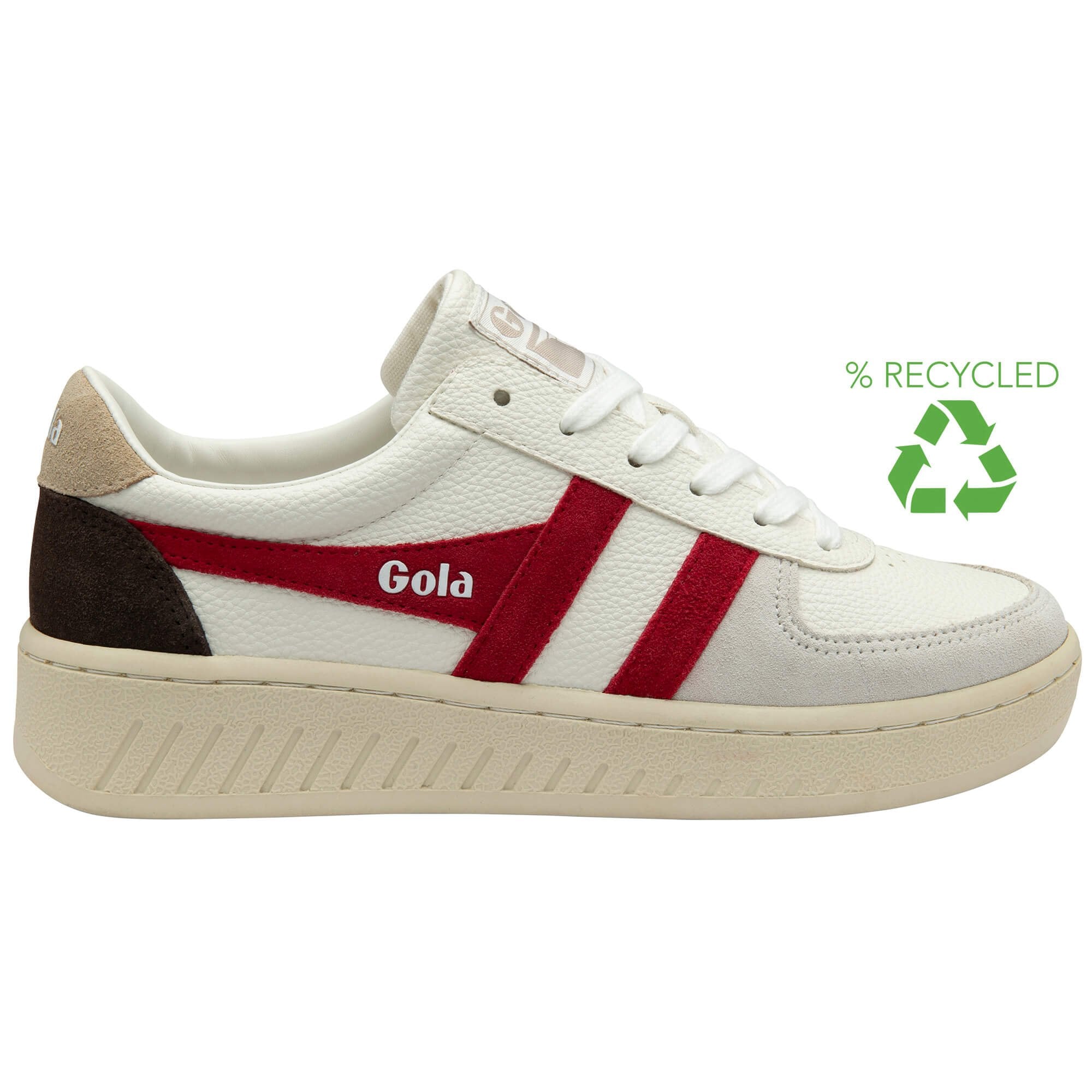 White Gola trainer with red stripes and brown heel detail on a white background
