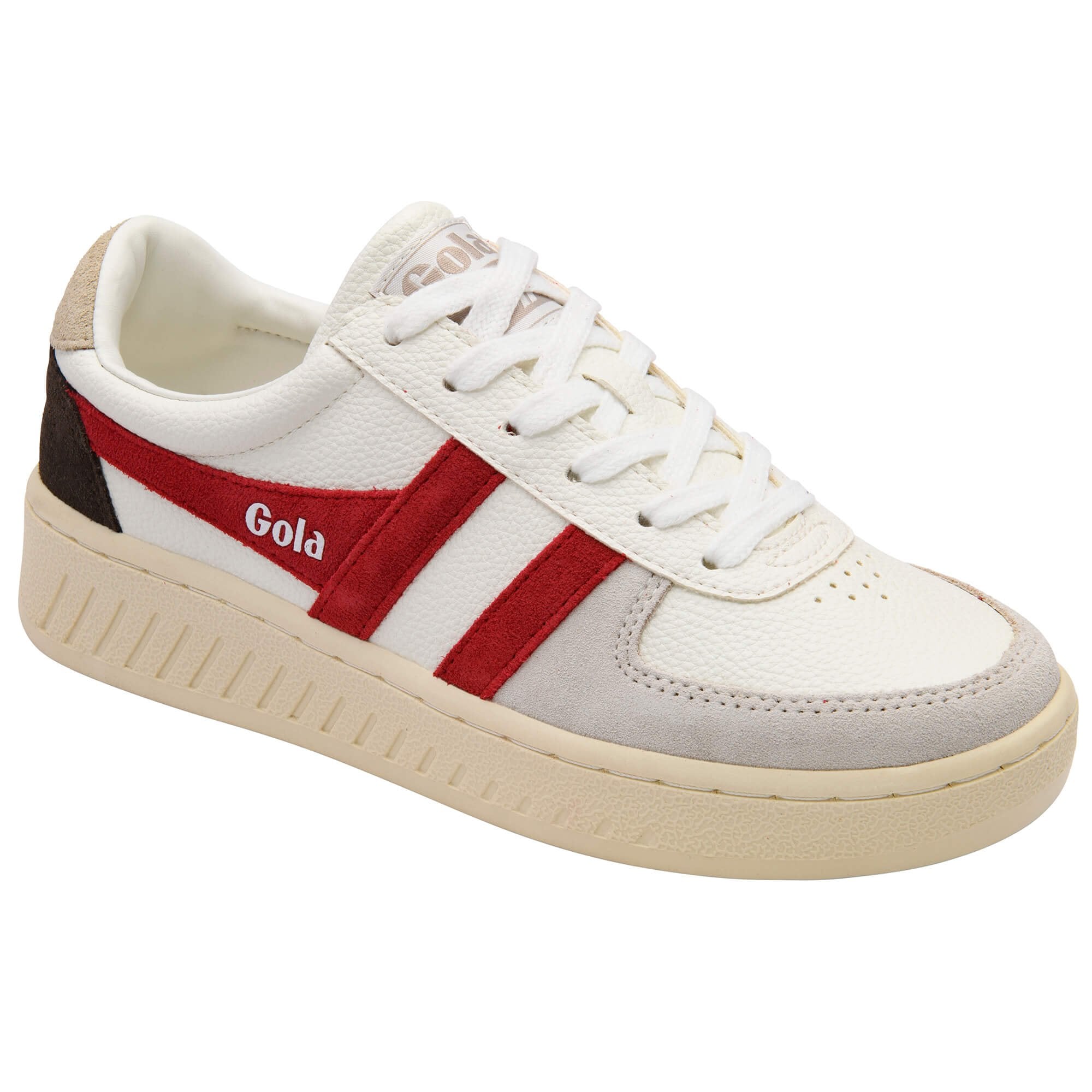 White Gola trainer with red and black stripes on a white background
