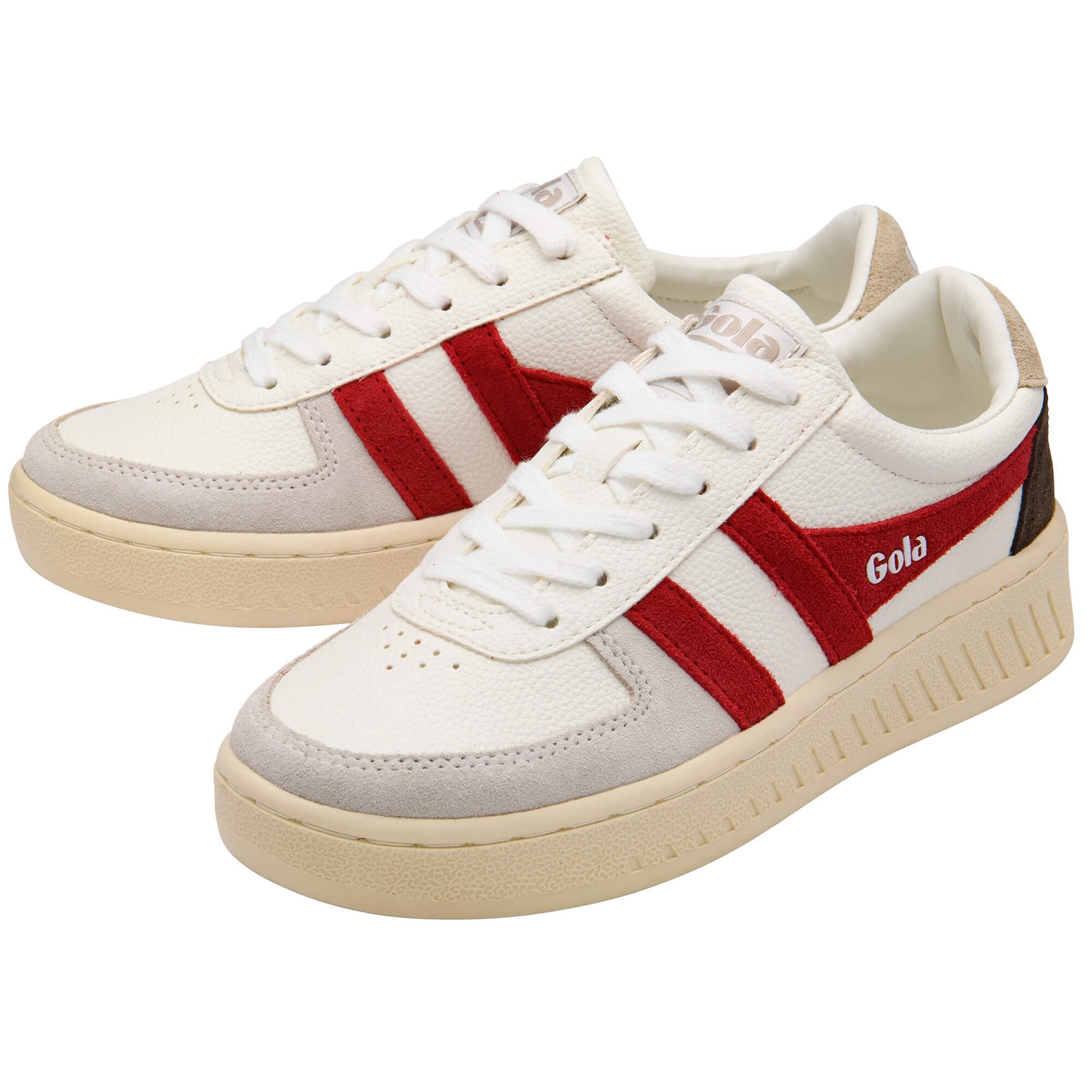 Pair of Gola trainers in white with red stripes and light grey accents on a white background