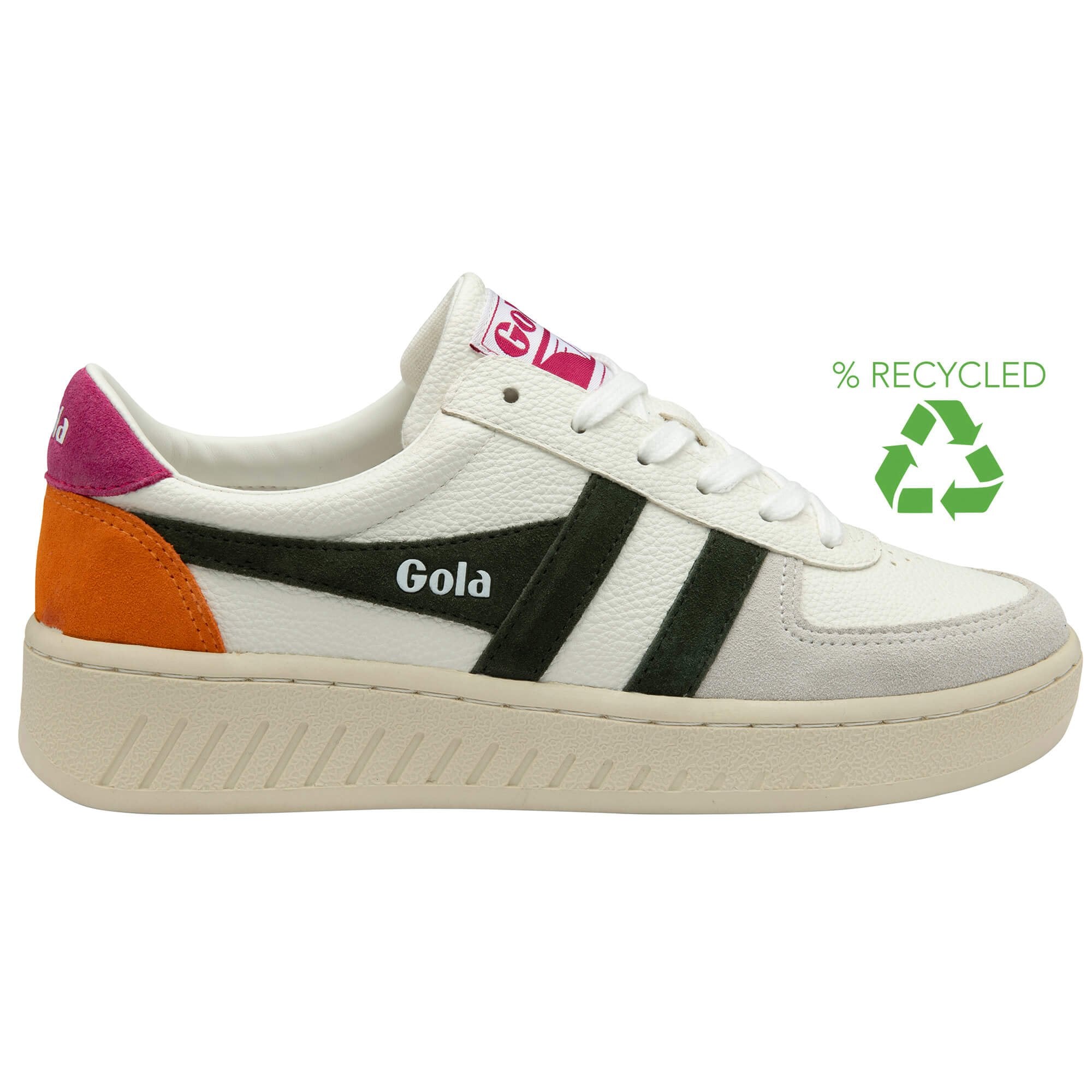 White Gola trainer with green stripes, pink heel tab and orange accents on a white background