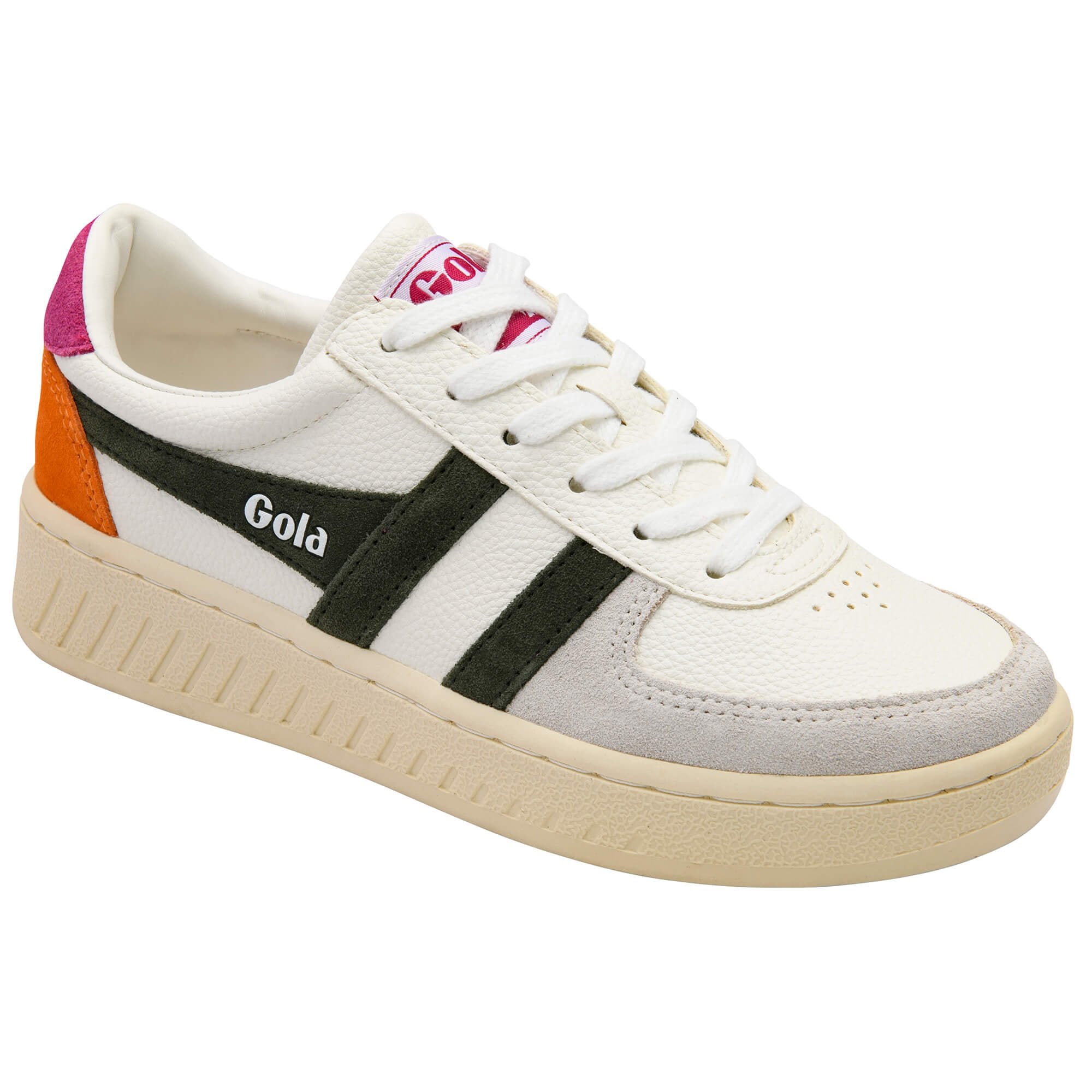 White Gola trainers with dark green stripes, orange and pink accents, and a light grey toe on a white background