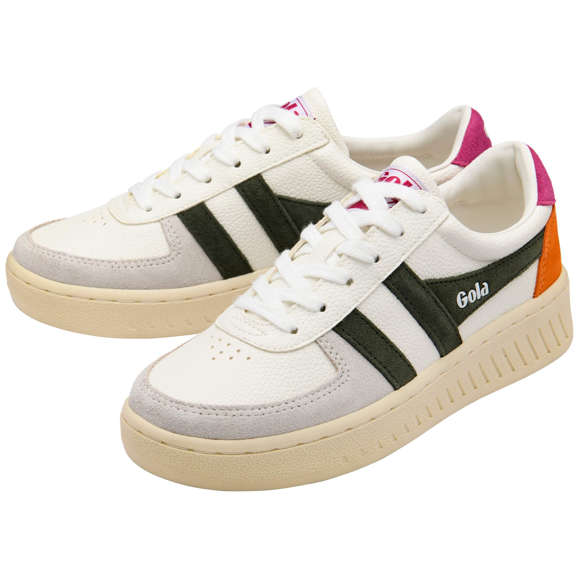 Pair of white Gola trainers with dark green stripes, light grey accents, and pink and orange heel details on a white background