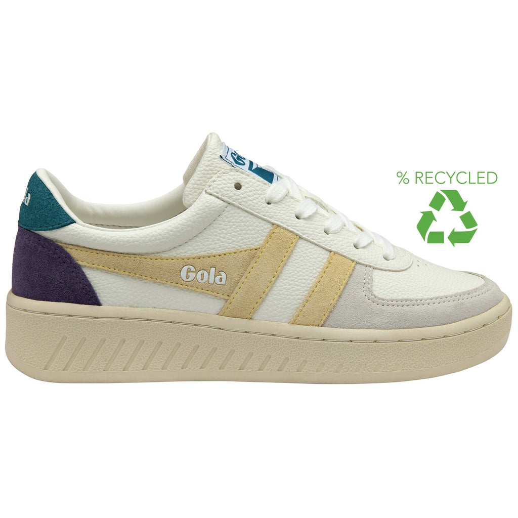 White Gola trainer with purple, beige, and blue accents on a white background