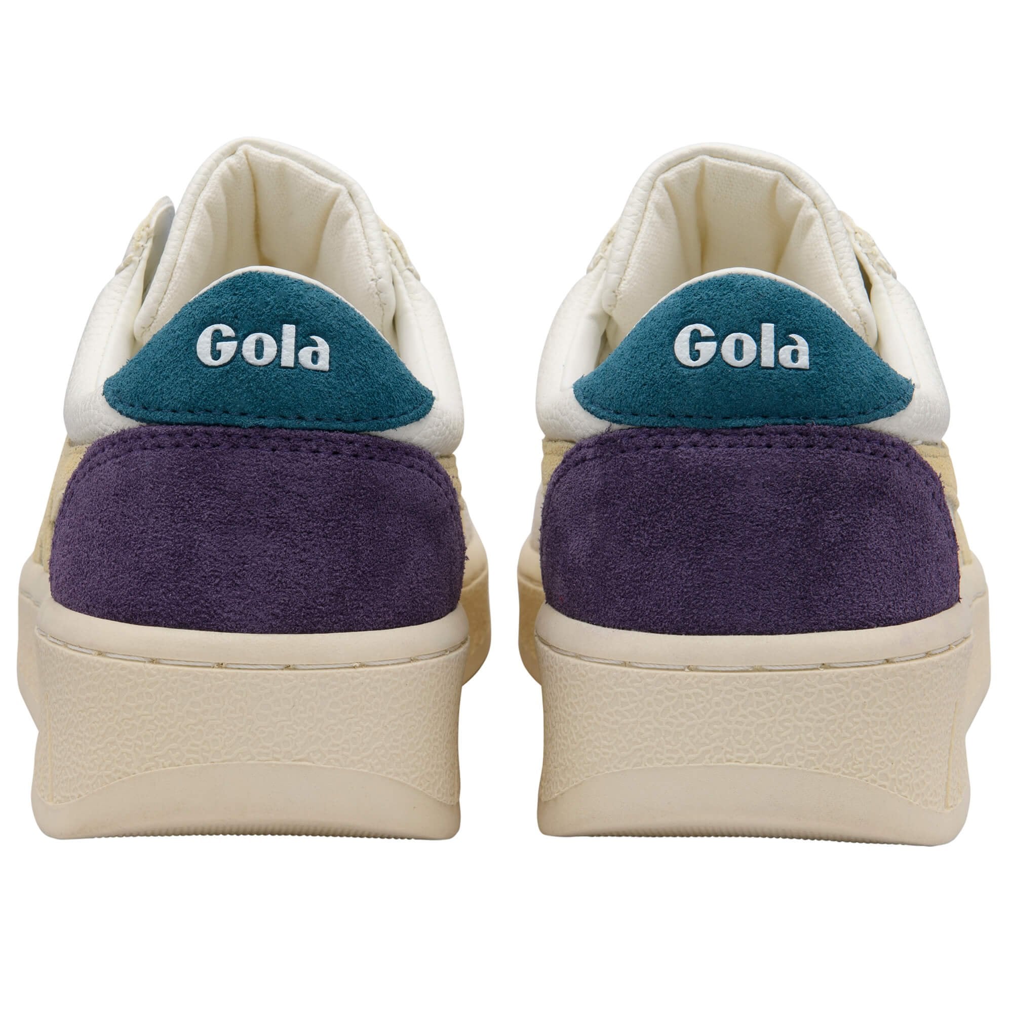 Pair of white Gola trainers with purple and blue accents on a white background