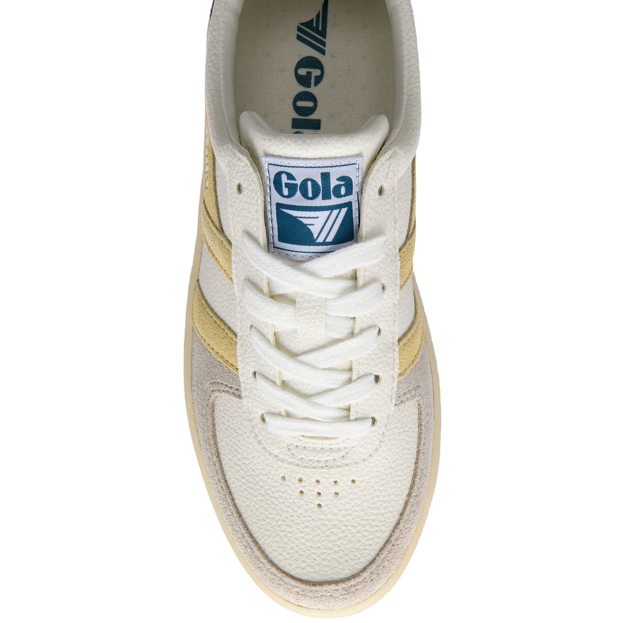 White Gola trainer with yellow stripes on a white background