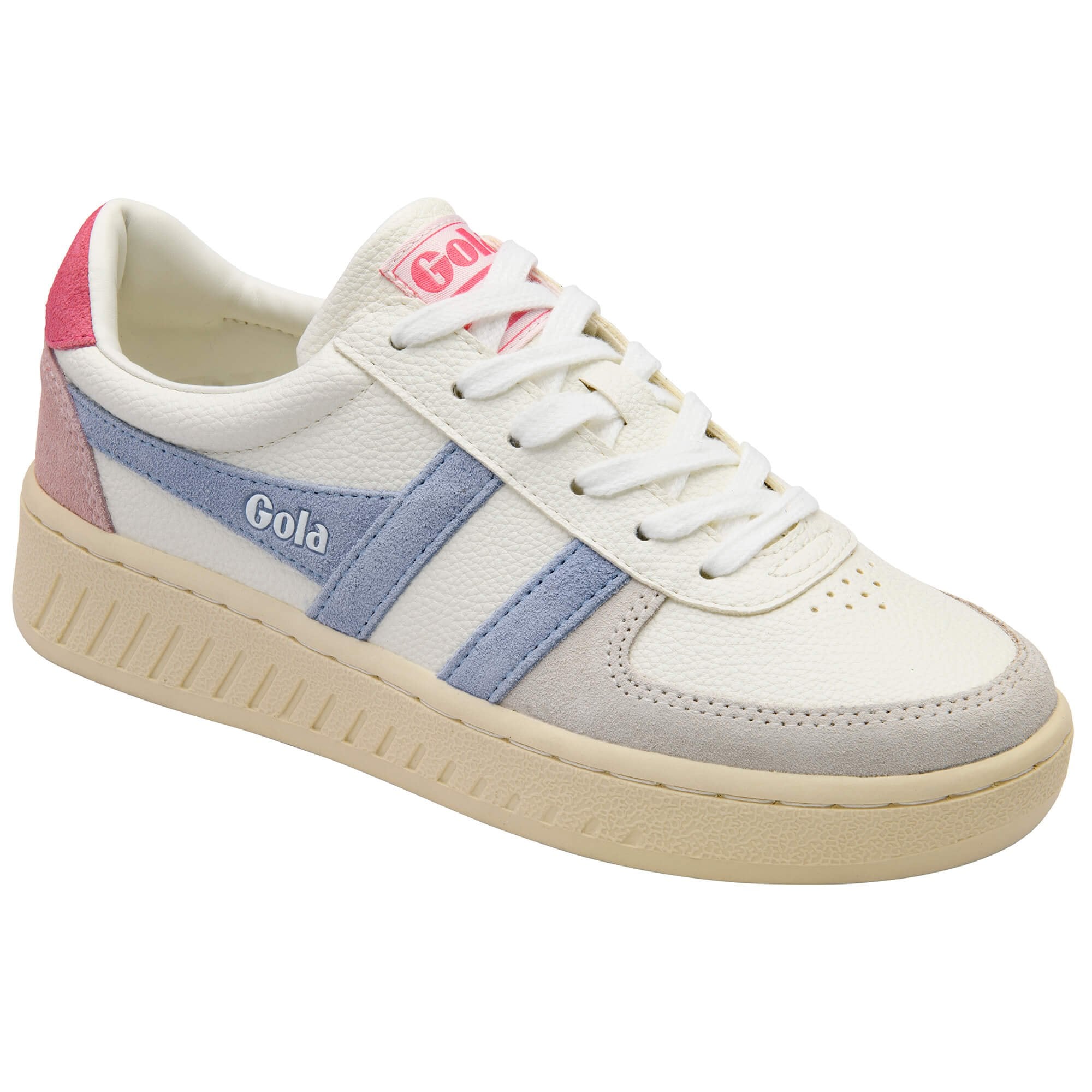 White trainer with blue stripes and pink heel tab on a white background