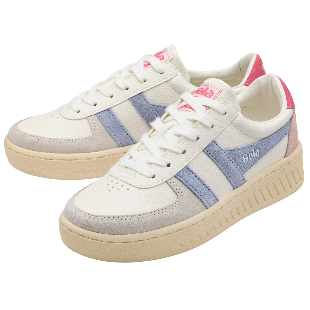 Pair of Gola trainers in white with blue stripes and pink heel tab on a white background