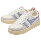 Pair of Gola trainers in white with blue stripes and pink heel tab on a white background
