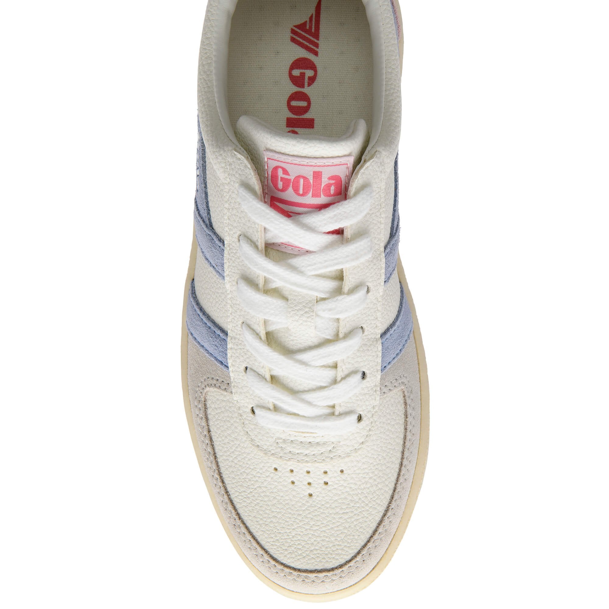 White Gola trainers with blue stripes on a white background
