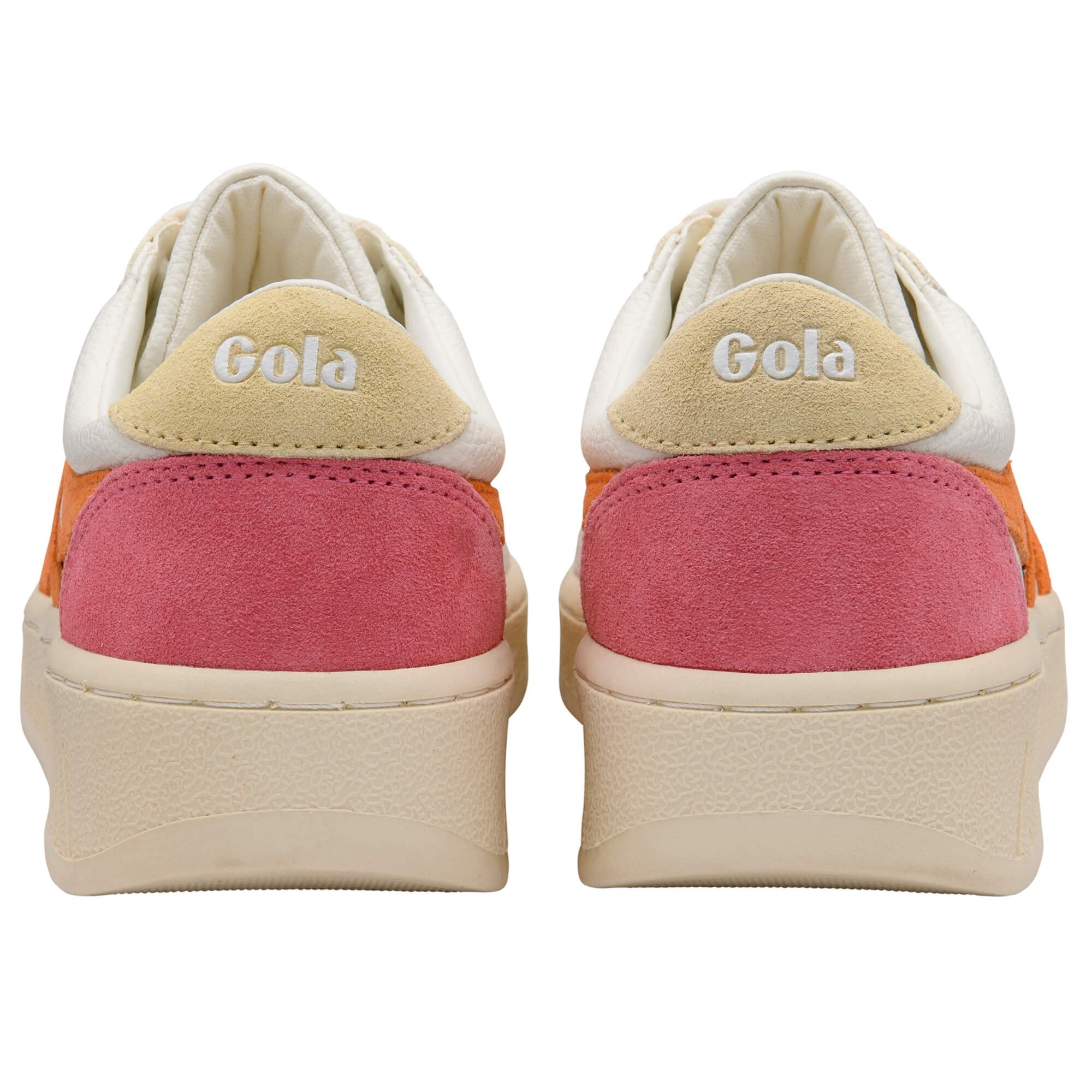 Rear view of two Gola trainers with pink, orange, and cream colours on a white background