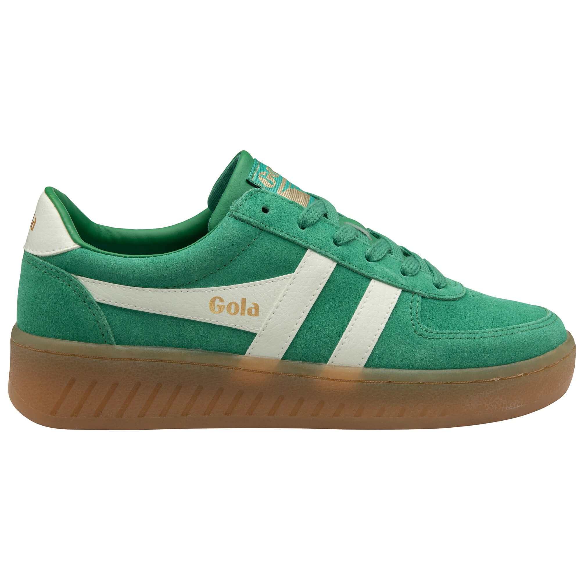 Green Gola trainer with white stripes and brown sole on a white background