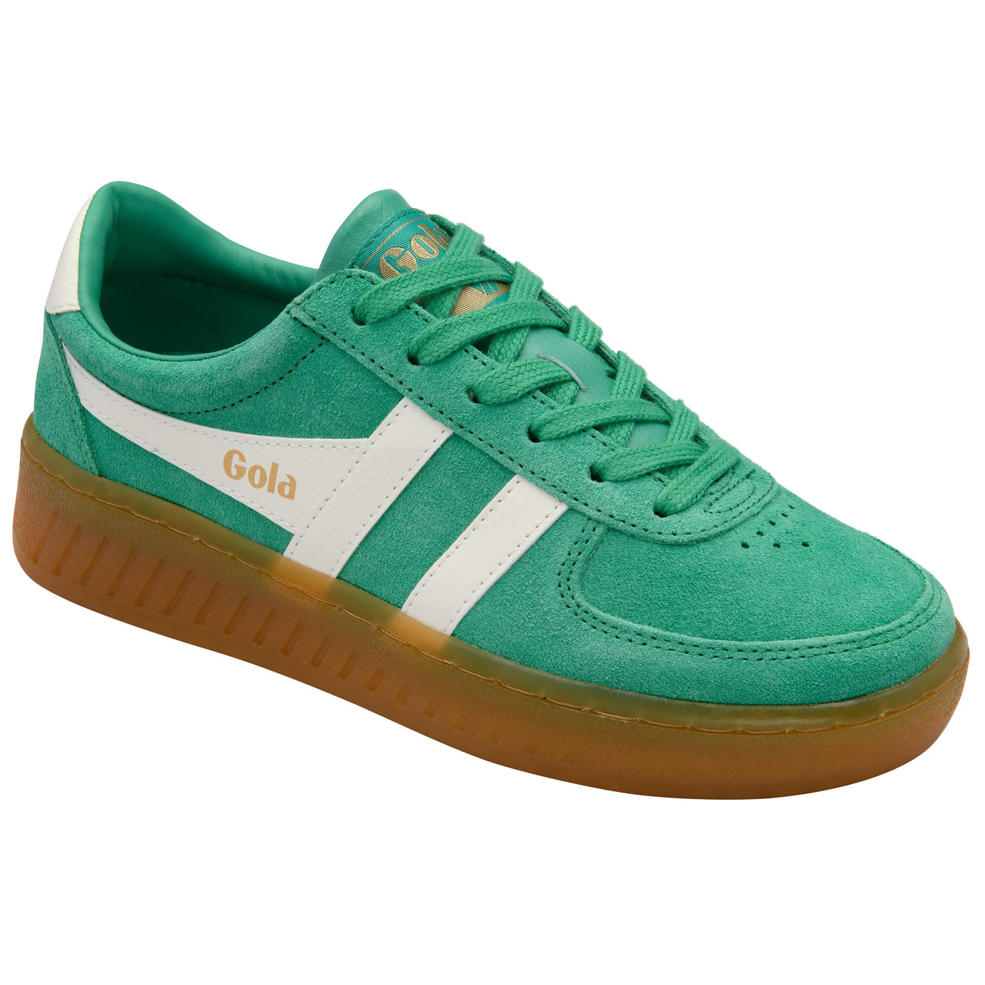 Green Gola trainer with white stripes and brown sole on a white background