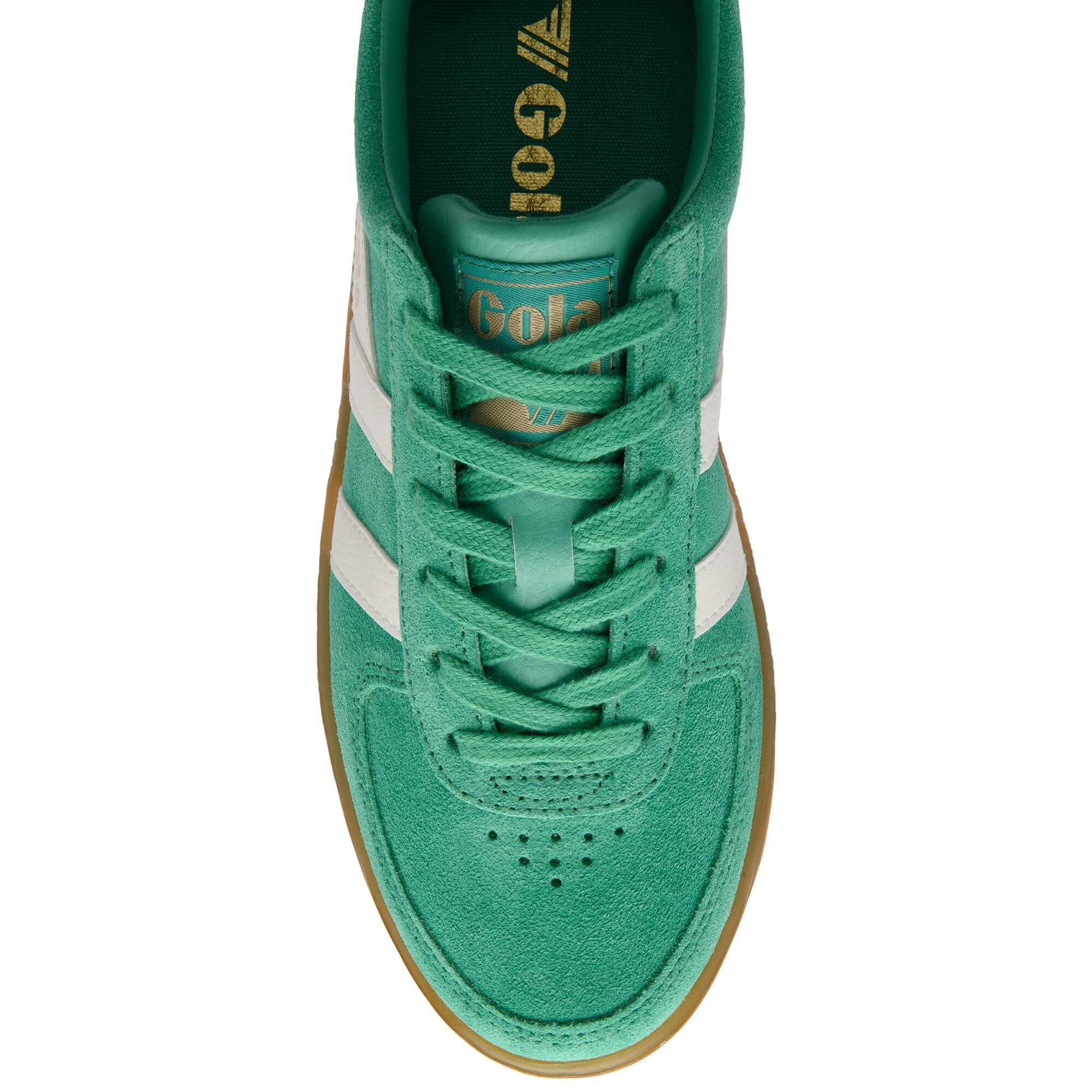 Green Gola trainer with white stripes on a white background
