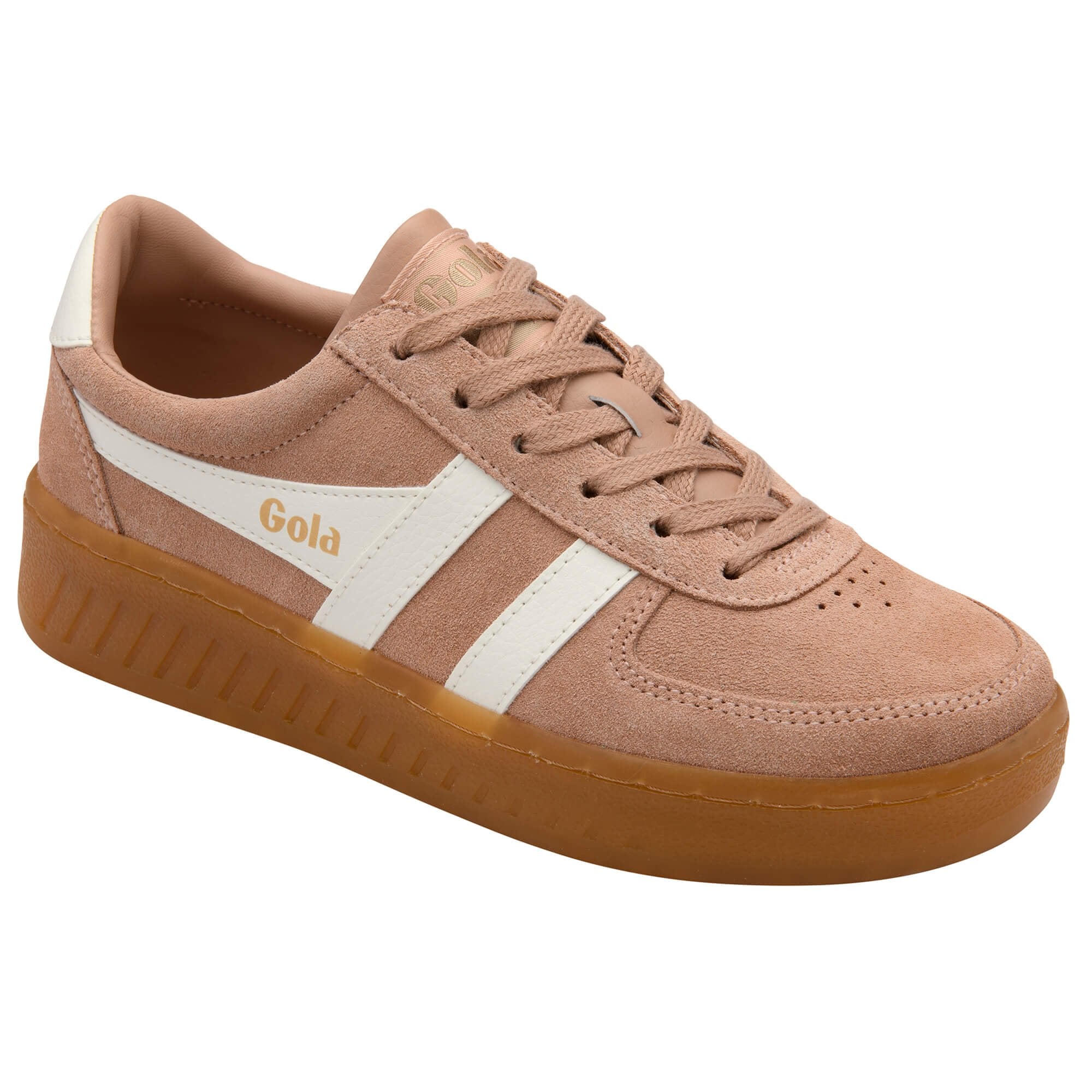 Gola trainer in blush pink with white stripes and a gum sole on a white background