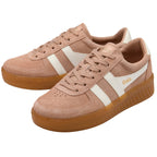 Pair of pink Gola trainers with white stripes and brown soles on a white background