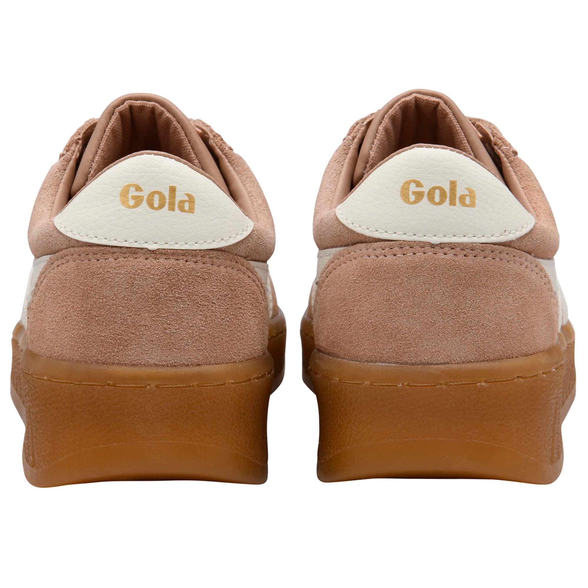 Pair of brown Gola trainers with a white heel tab on a white background