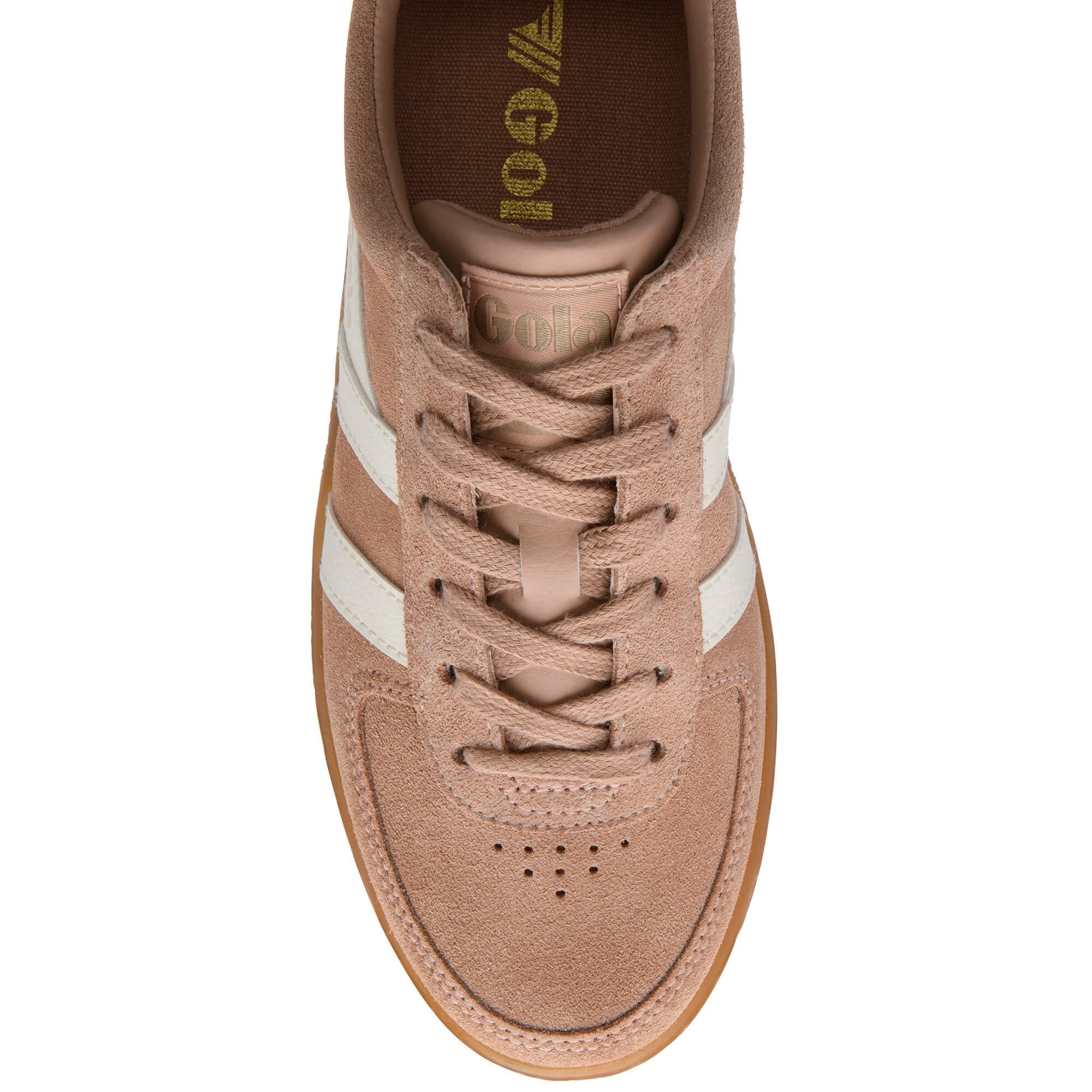 Brown Gola trainer with white stripes on a white background