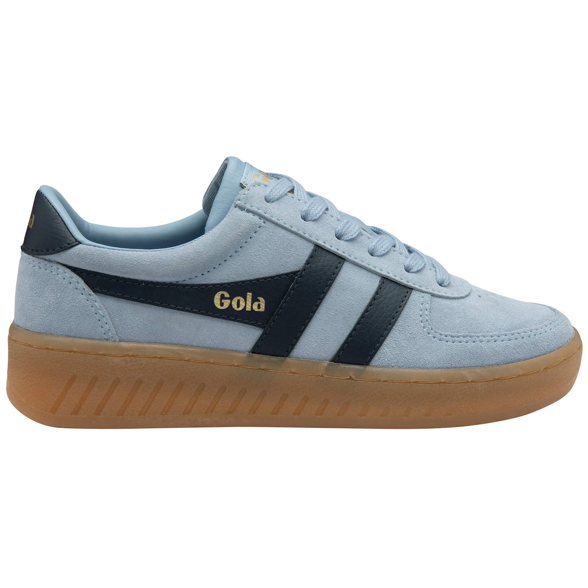 Light blue Gola trainer with black stripes and gold logo on a white background