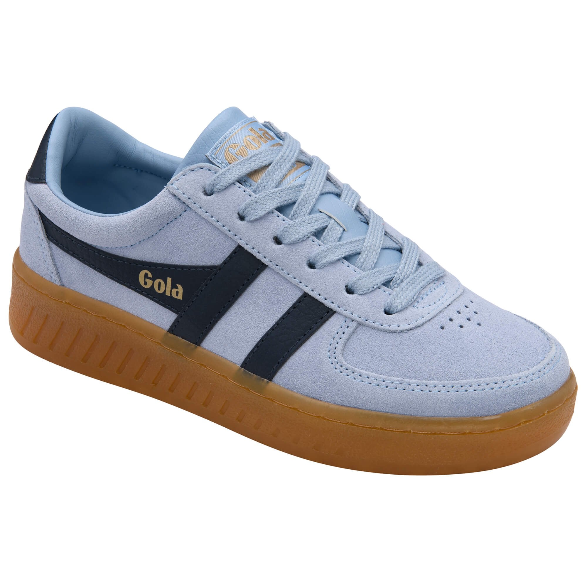 Light blue Gola trainer with black stripes and brown sole on a white background