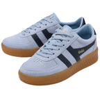 Pair of light blue suede Gola sneakers with dark blue stripes and gum soles