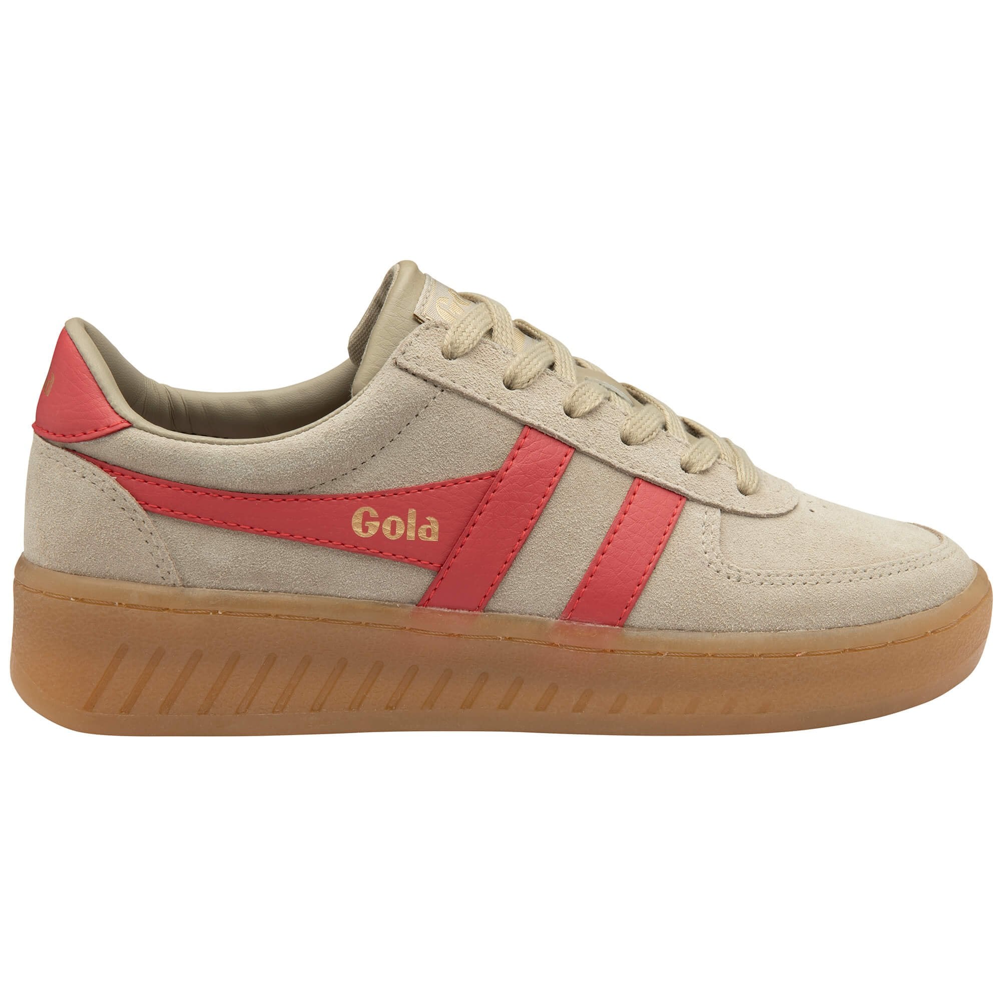 Beige Gola trainer with red accents and 'Gola' branding on a white background