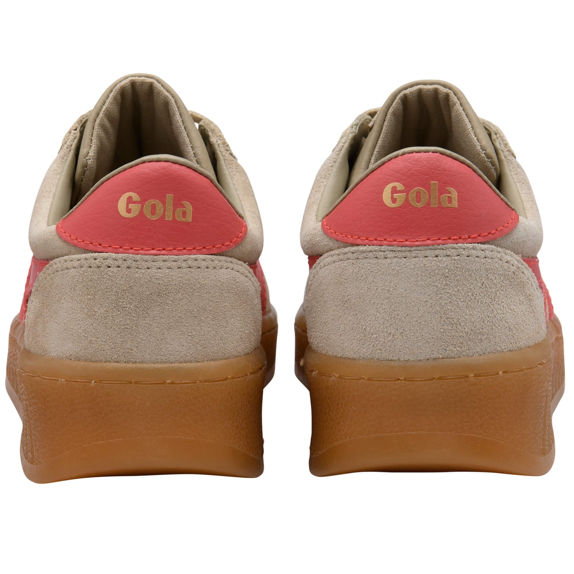 Pair of Gola trainers with beige upper, red insole, and brown sole on a white background