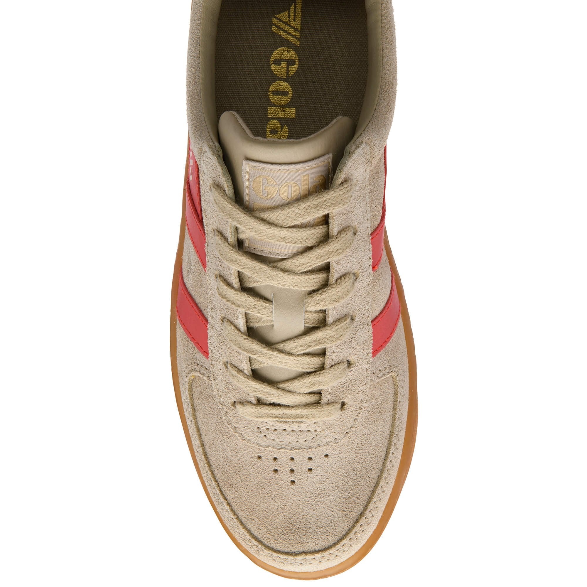Top down view of a beige Gola trainer with red stripes and a gum sole on a white background