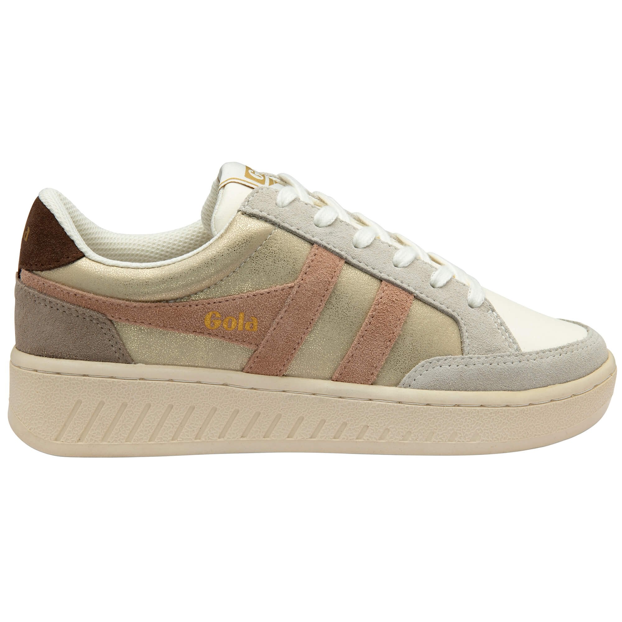 Gola trainer in gold, pink, brown, and white with a cream sole on a white background