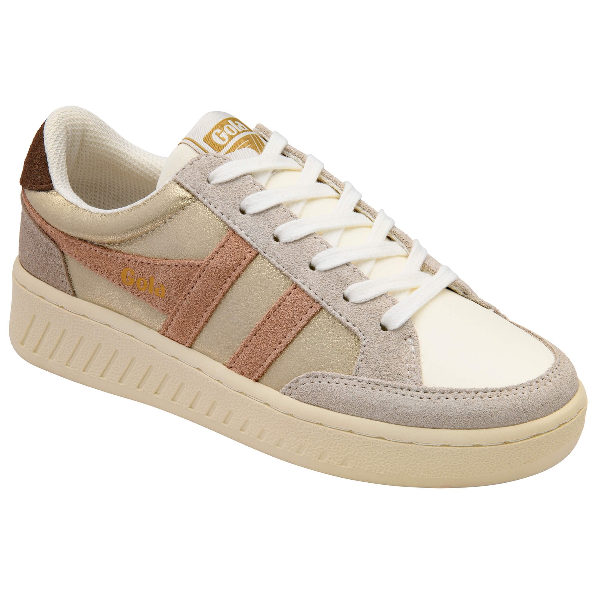 Gola trainers in gold, pink, and off-white with white laces on a white background