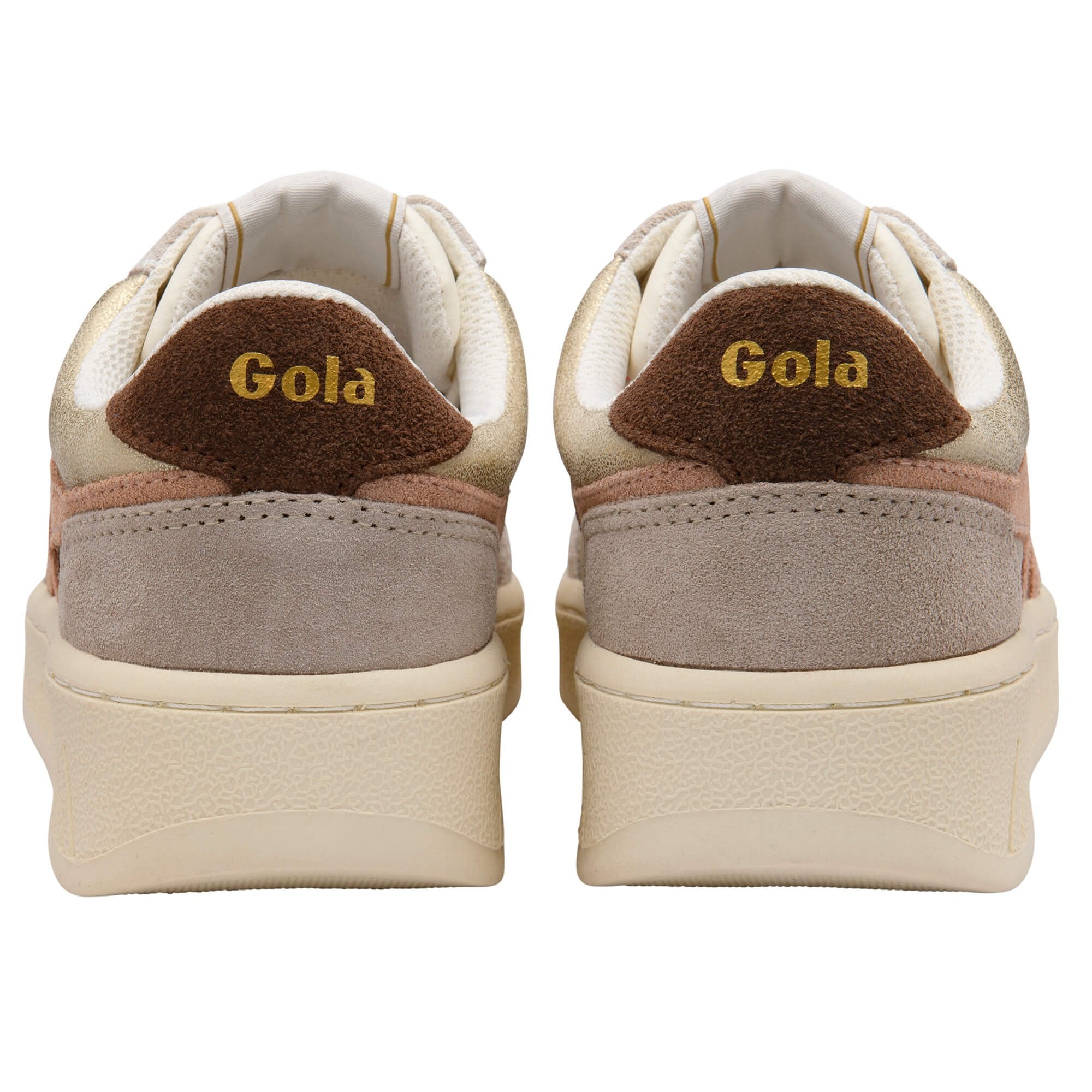 Rear view of two Gola trainers in gold, brown, and beige on a white background