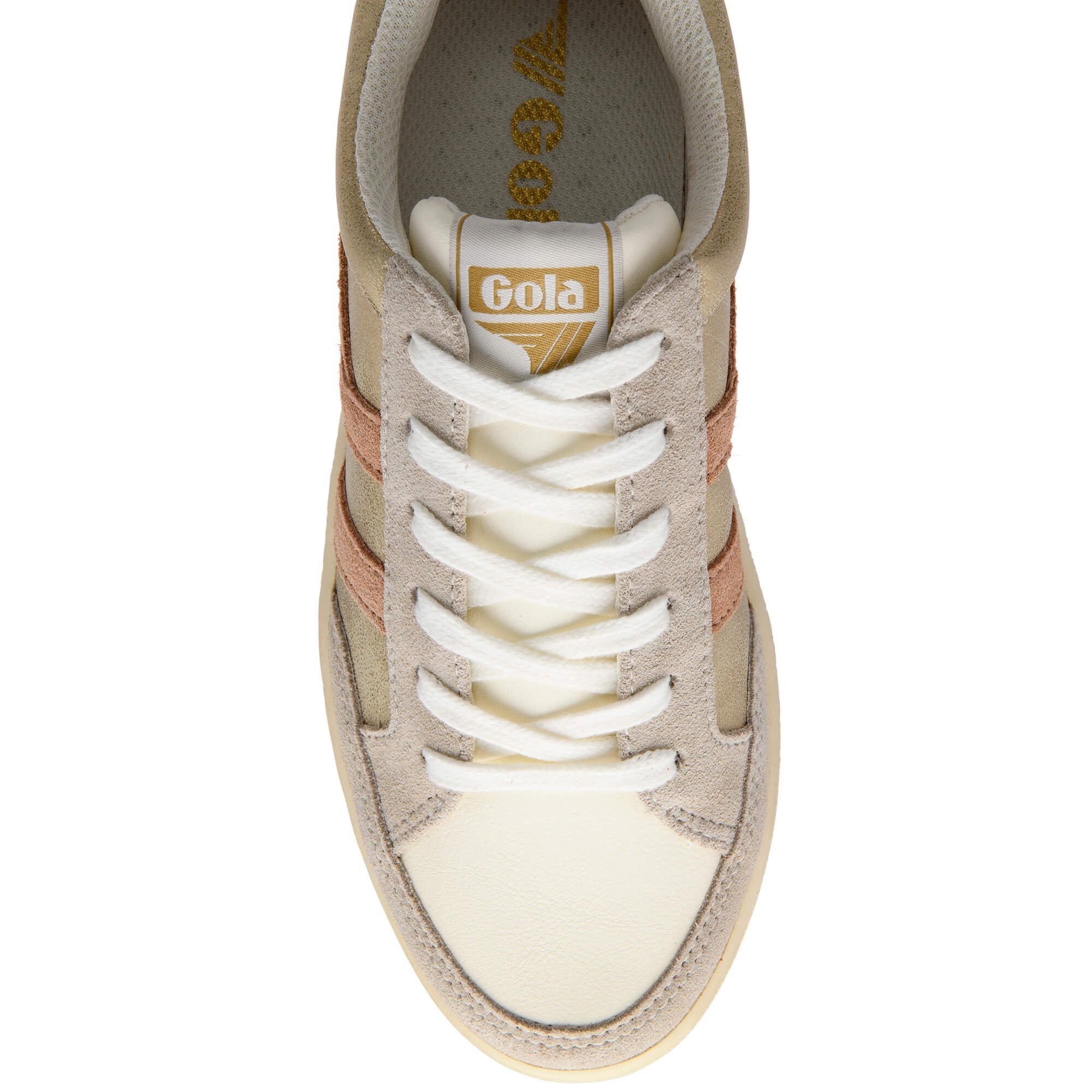 Beige Gola trainer with brown stripes, white laces and Gola logo on a white background