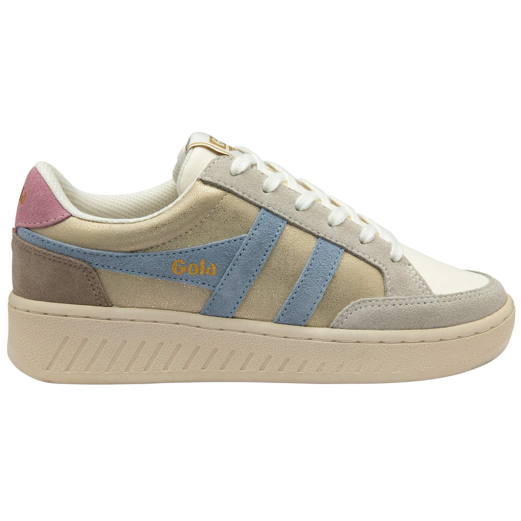 Gola trainer in gold, blue, pink, and grey with white laces on a white background