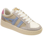 Gola trainer in gold, cream, light blue, and pink with white laces on a white background