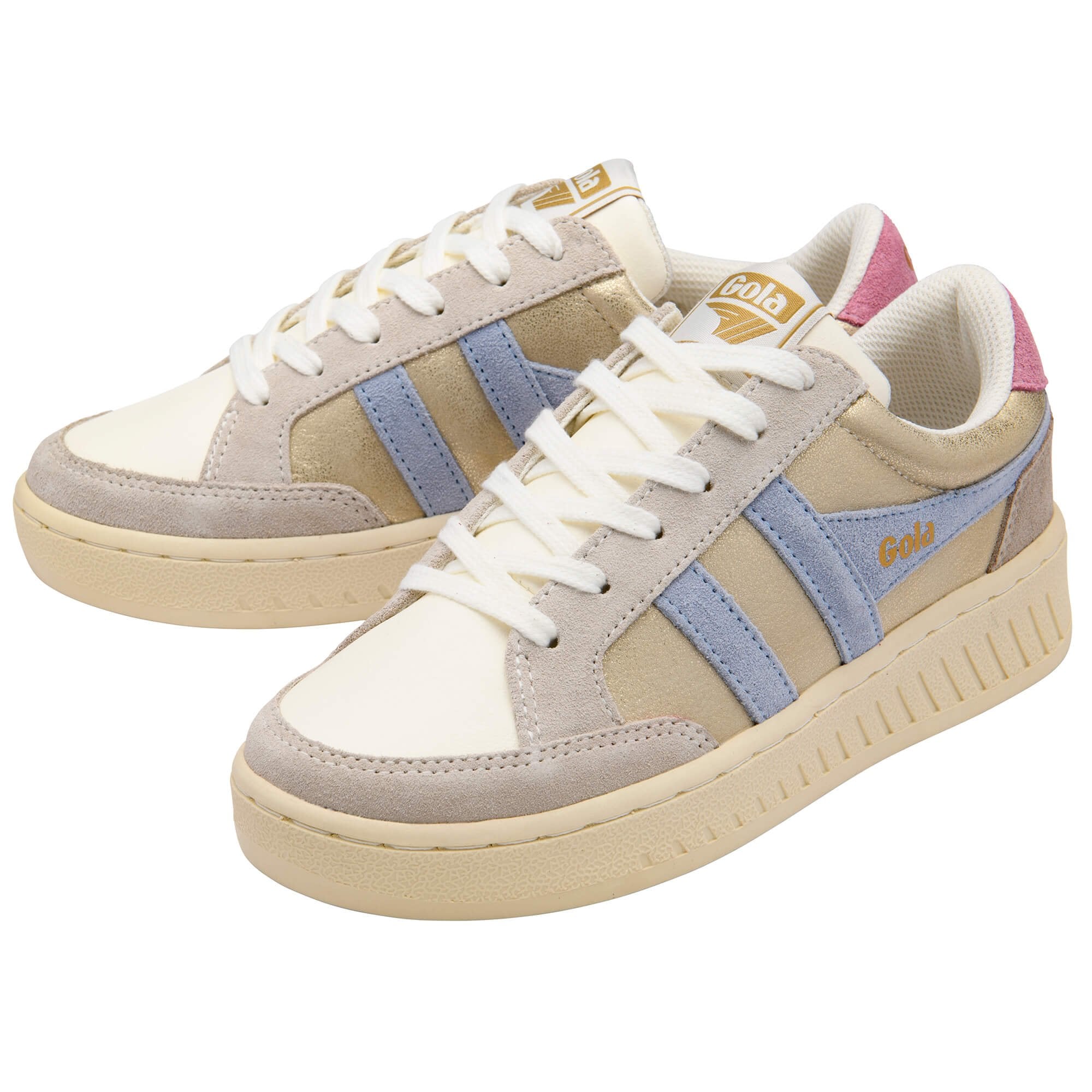 Pair of gold Gola trainers with blue stripes, pink heel tab and white laces on a white background