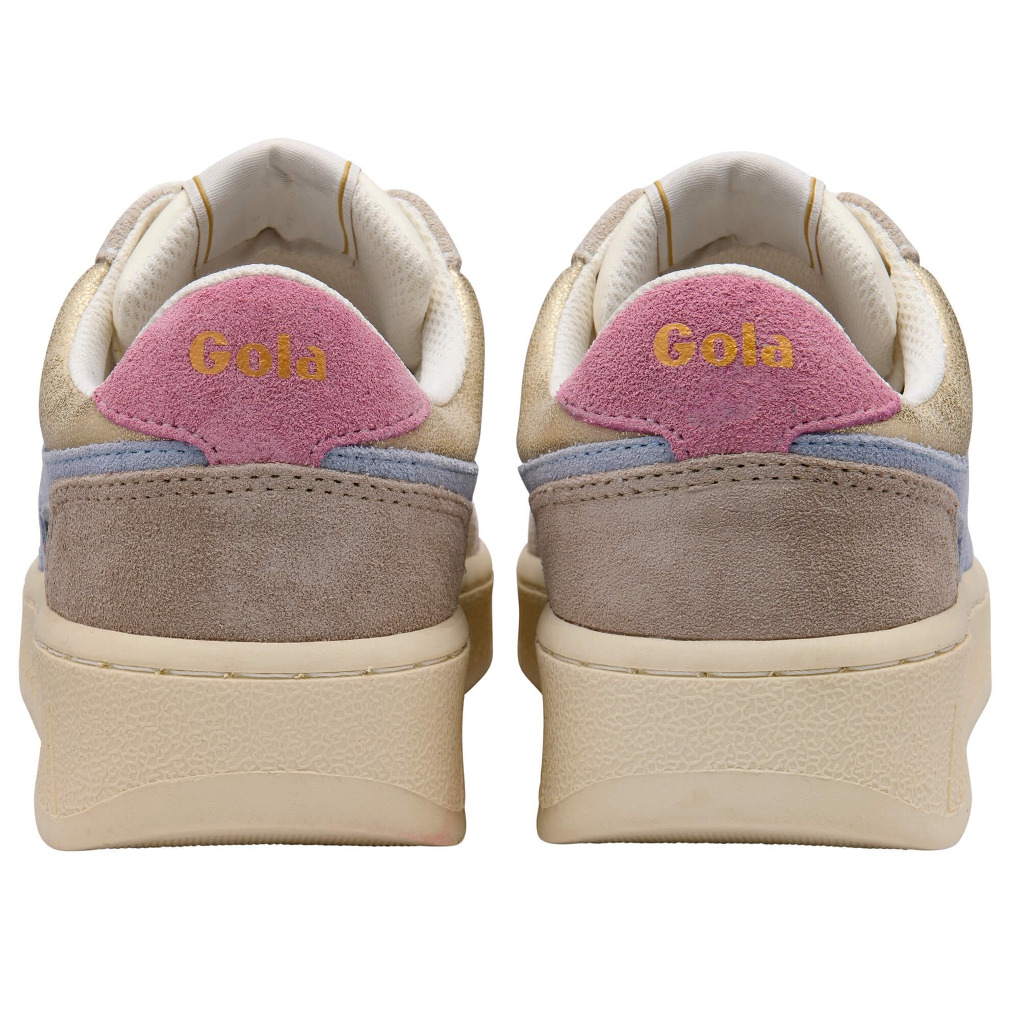 Pair of Gola trainers with pink and blue accents on a white background