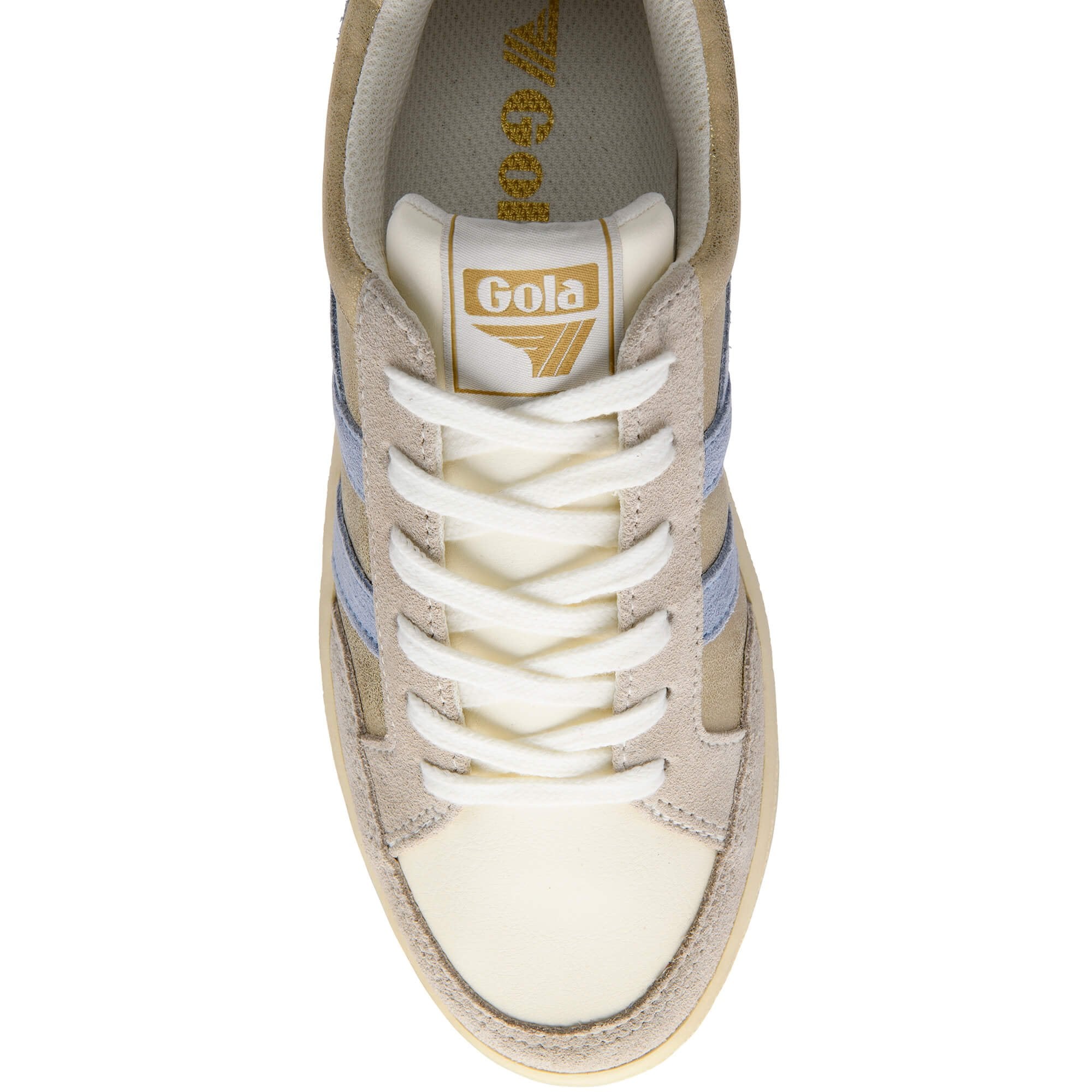 Gold Gola trainer with white laces and 'Gola' branding on a white background