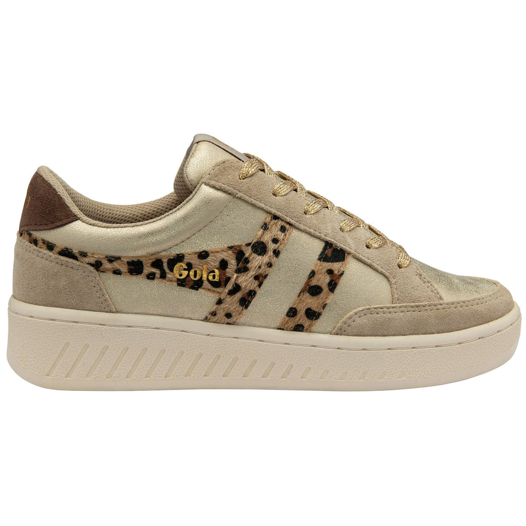 Beige trainer with leopard print accents and 'Gold' text on a white background