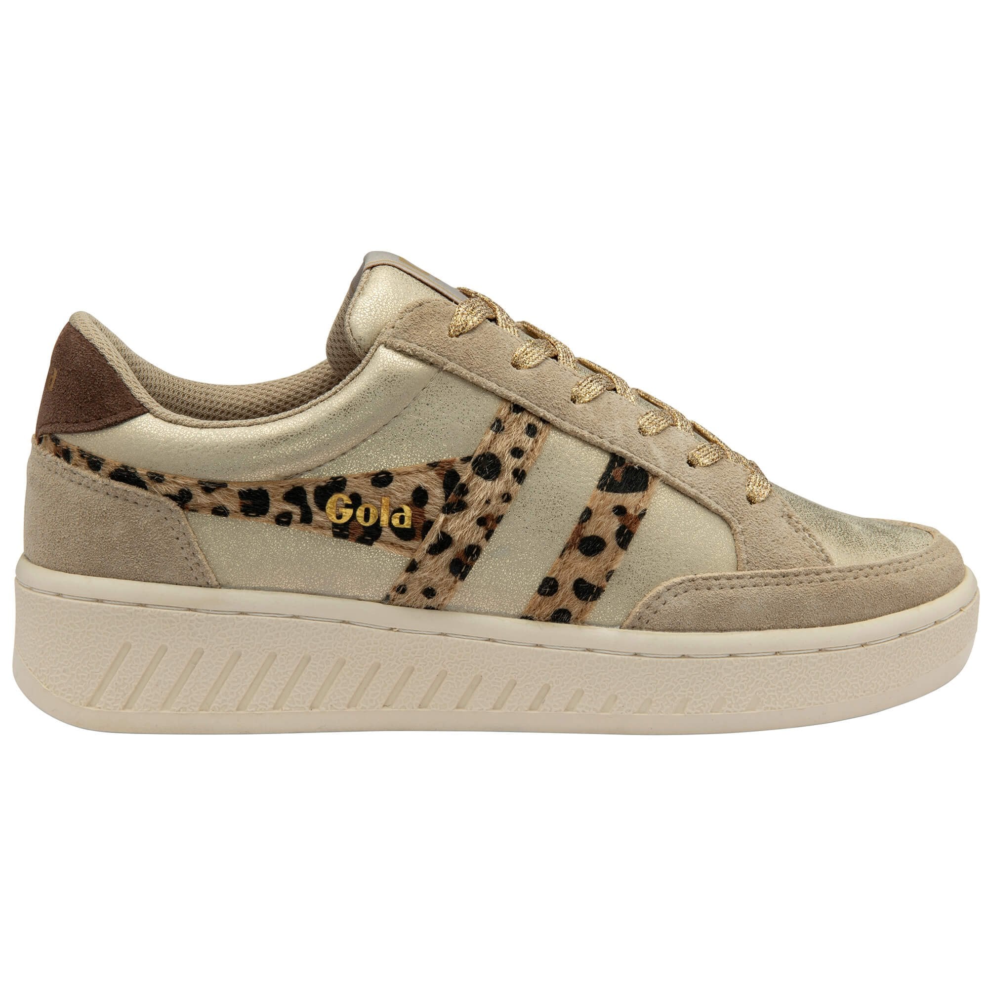 Beige trainer with leopard print accents and 'Gold' text on a white background